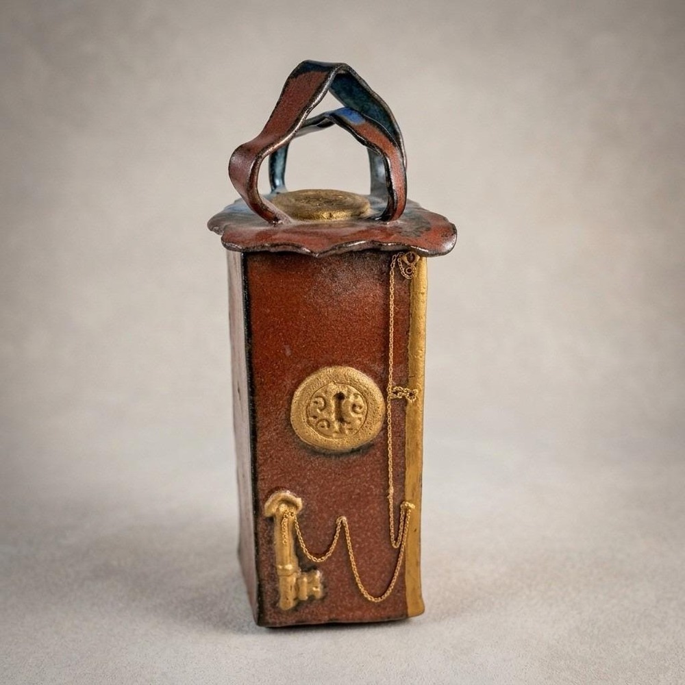 Handmade Studio Art Pottery Vase – Sculptural Handle Key Chain Design Drip Glaze